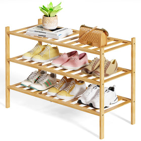 Kitsure Bamboo shoe rack 3-tier in natural finish for organized entryways.