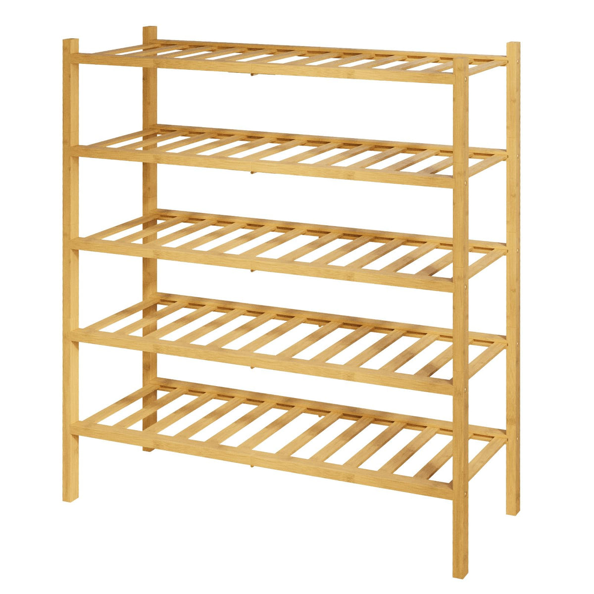 Kitsure bamboo shoe rack five-tier front view in natural finish, organized footwear.