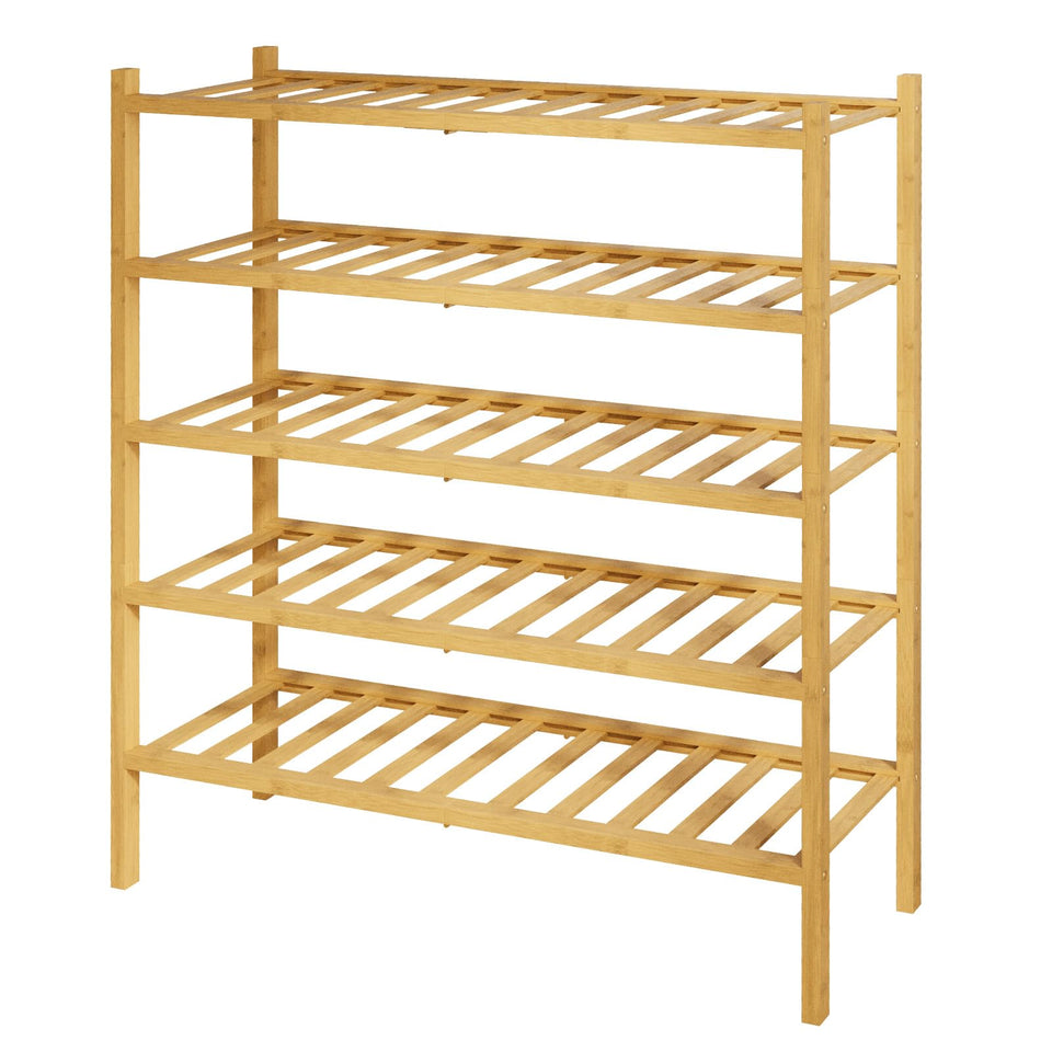 Kitsure bamboo shoe rack five-tier front view in natural finish, organized footwear.