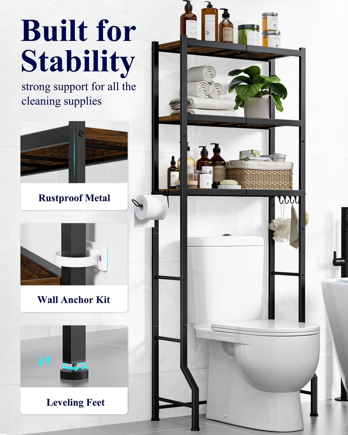 Kitsure bathroom storage unit demonstrates easy assembly and space-saving design.