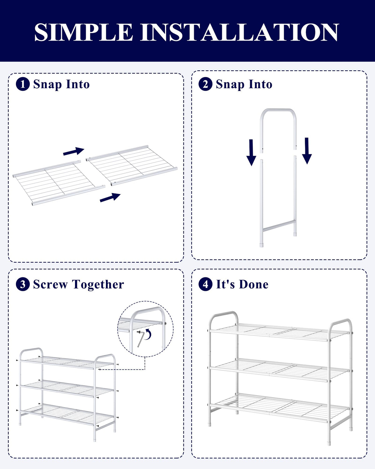 Kitsure easy-assembly shoe rack with snap buckles for quick setup.