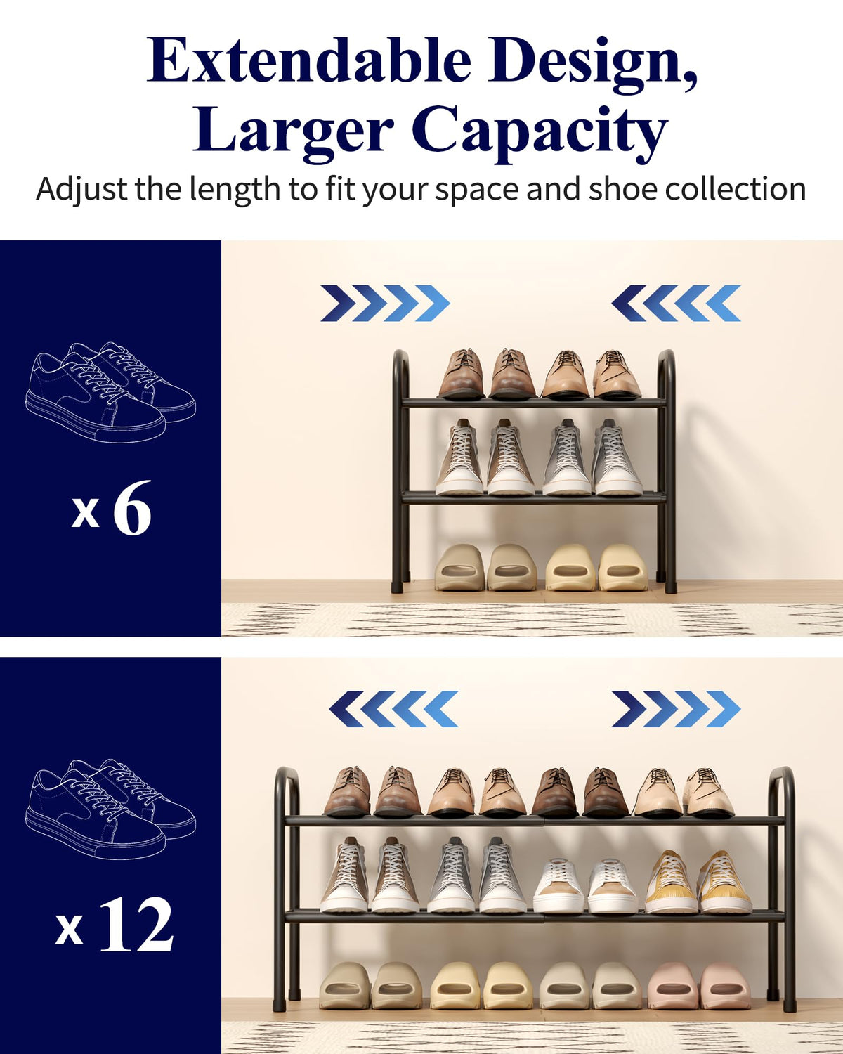 Kitsure extendable shoe rack bottom storage boosts capacity without extra footprint.