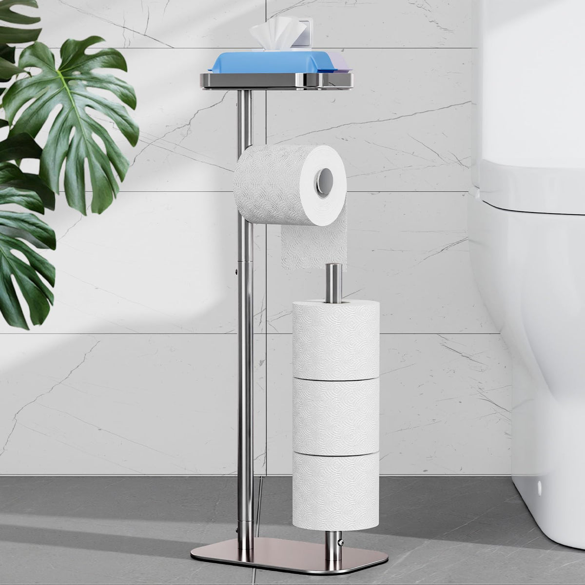Kitsure free-standing toilet paper holder with four-roll capacity for backups.