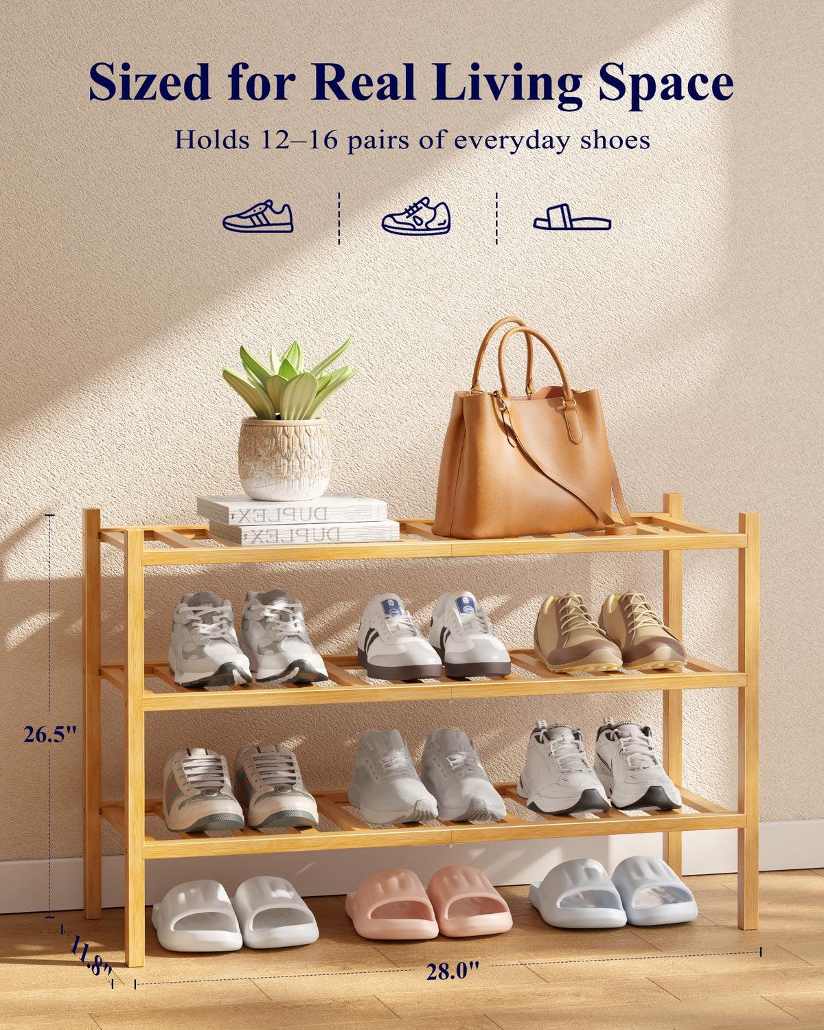 Kitsure natural bamboo construction delivers durable, easy-to-clean shelving.