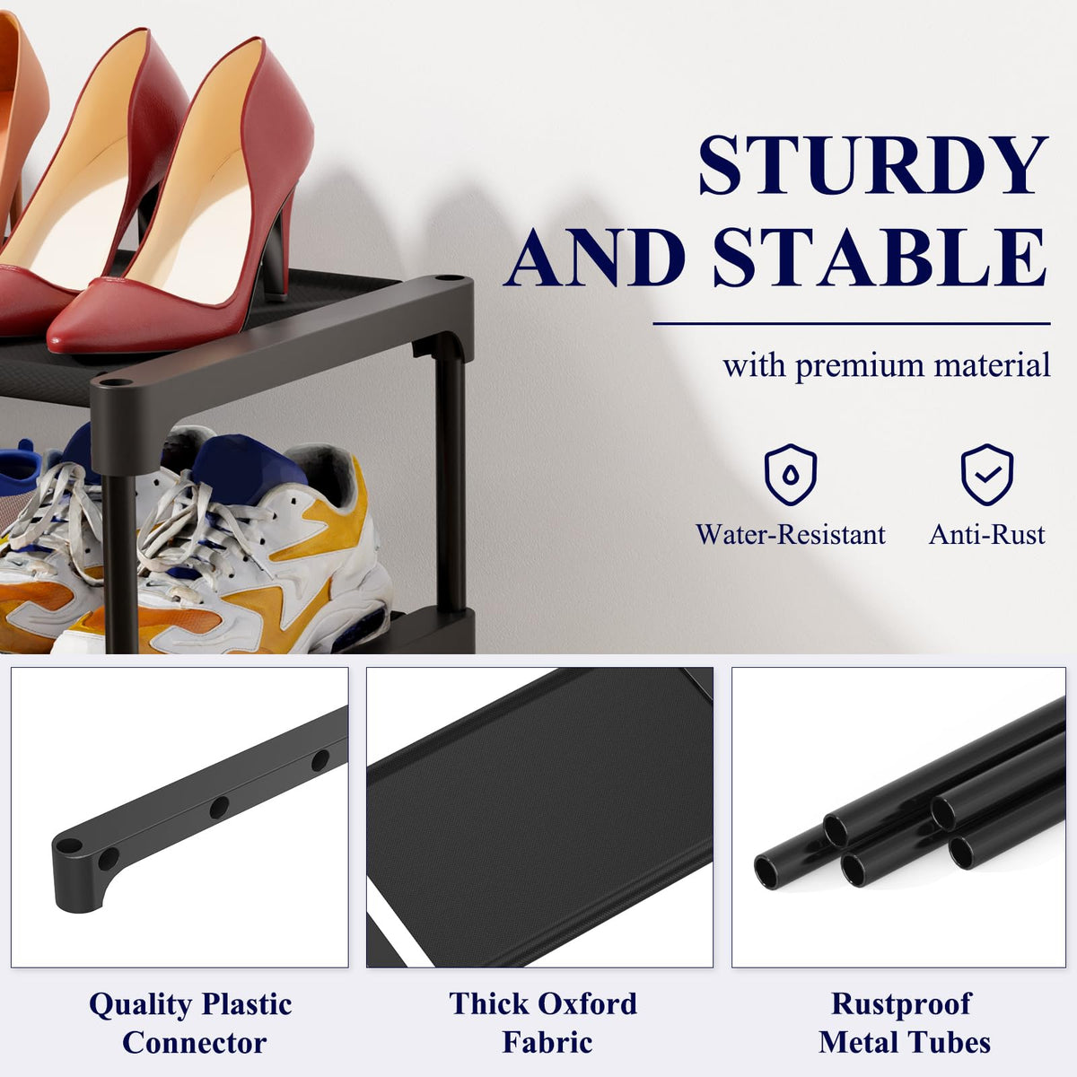 Kitsure non-woven shelves close-up emphasizing dust protection and footwear care