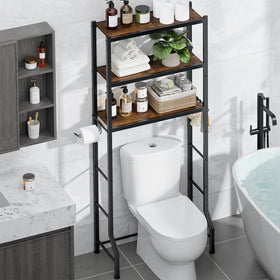 Kitsure over-the-toilet storage with 3-tier shelves keeps toiletries organized.