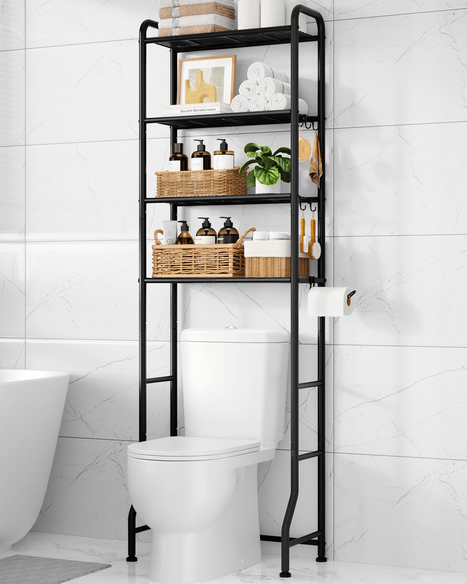 Kitsure over-toilet storage rack with four mesh shelves keeps bathroom essentials neatly organized.