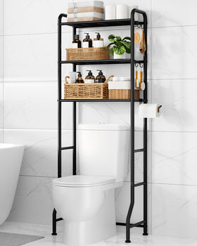 Kitsure over-toilet storage rack front view shows organized three-tier shelves