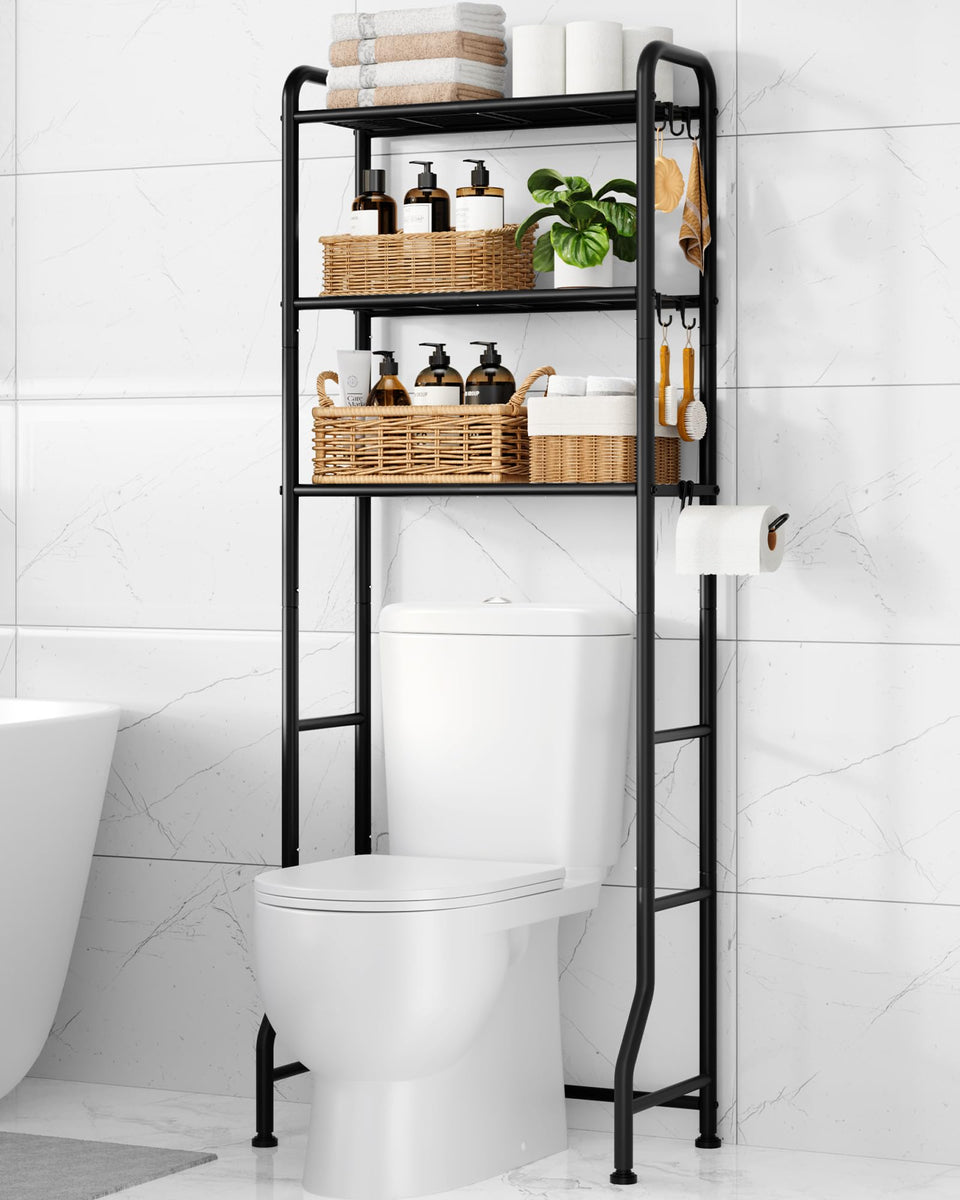 Kitsure over-toilet storage rack front view shows organized three-tier shelves
