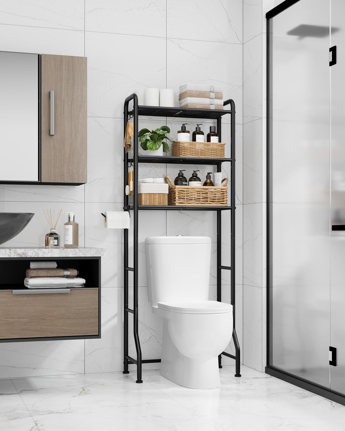 Kitsure over-toilet storage rack side view highlights sturdy metal frame and durability
