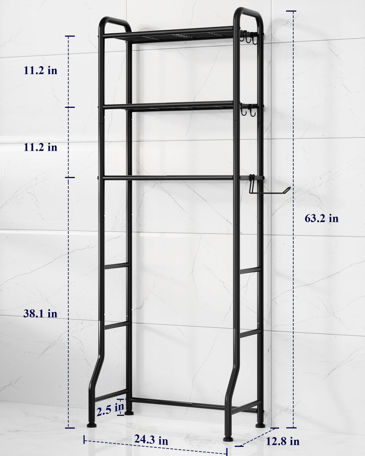 Kitsure over-toilet storage rack three-tier assembly demonstrates efficient vertical storage