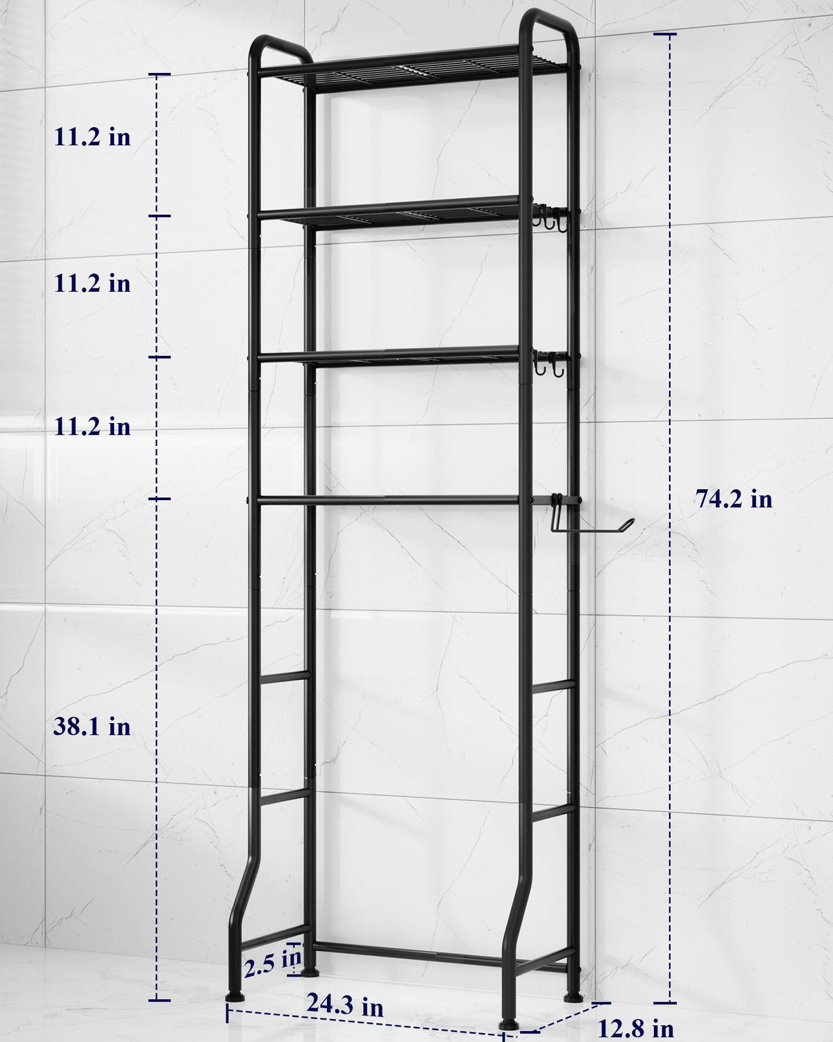 Kitsure over-toilet storage rack shows wall fix kits and leveling feet for stable installation.
