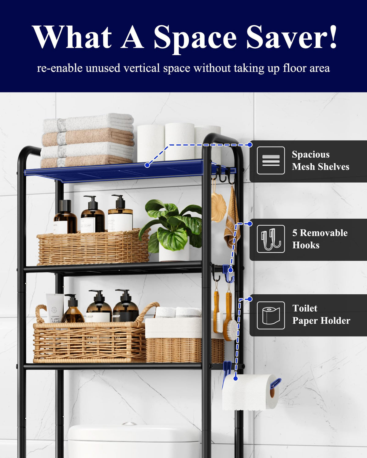 Kitsure over-toilet storage rack with paper holder keeps tissues within easy reach