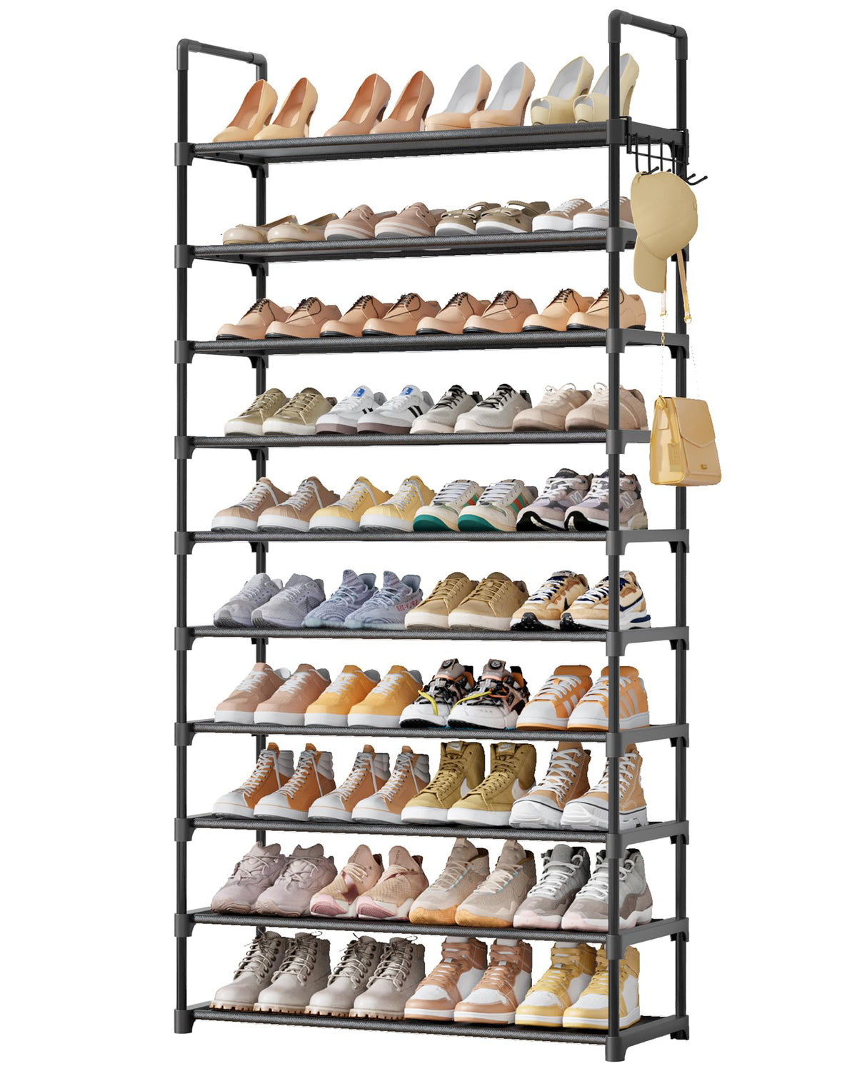 Kitsure 10-tier shoe rack front view, highlighting space-saving storage.