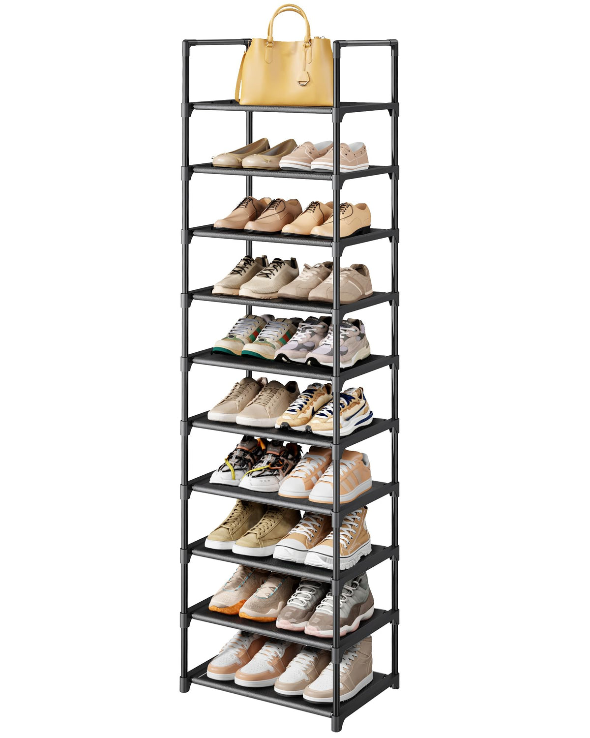 Kitsure 10-tier shoe rack front view showing compact footprint for small spaces