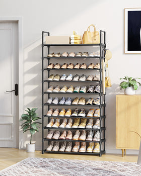 Kitsure 10-tier shoe rack side view with the convenient hook rack.
