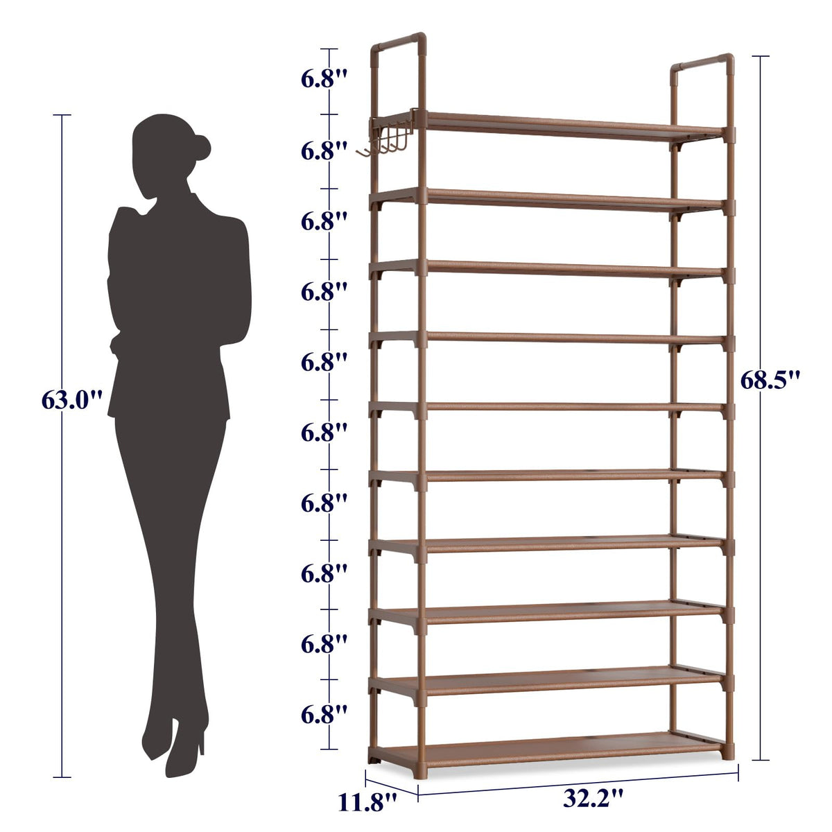 Kitsure 10-tier shoe rack side hook view showing extra hanging space for bags and accessories.