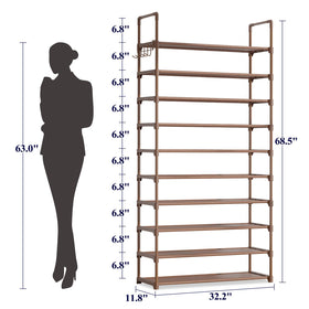 Kitsure 10-tier shoe rack side hook view showing extra hanging space for bags and accessories.