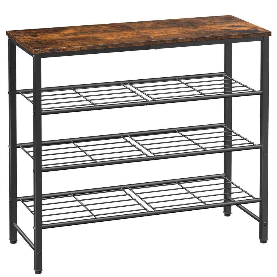 Kitsure rustic brown shoe rack side view for organized entryway storage.