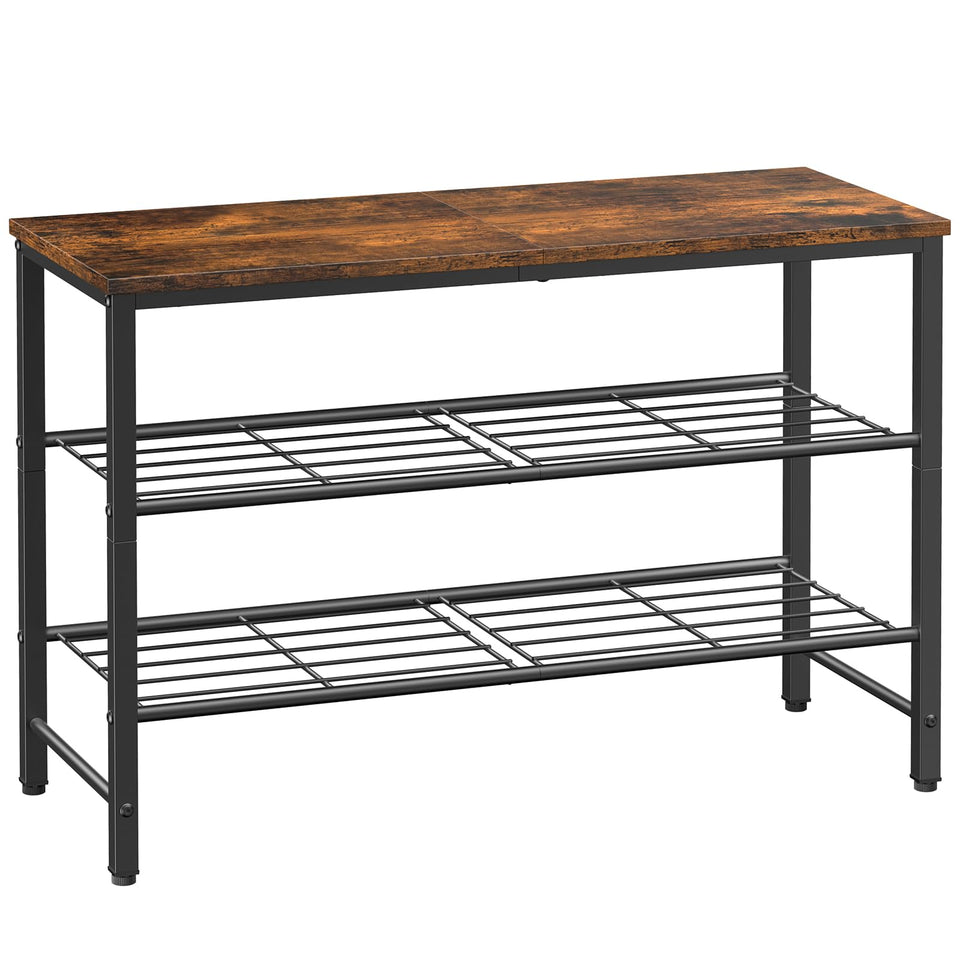 Kitsure shoe rack in closet showing top shelf for bags and decor