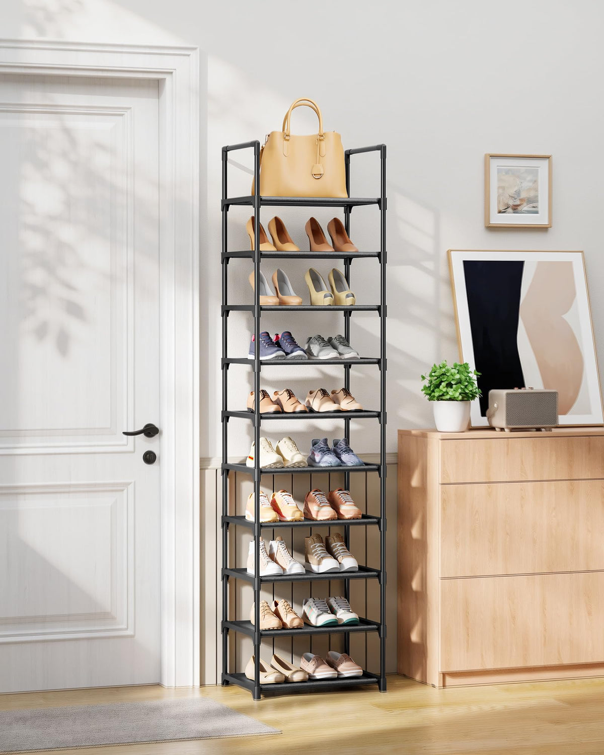 Kitsure shoe rack detachable shelves demonstrating adjustable height for boots and sneakers