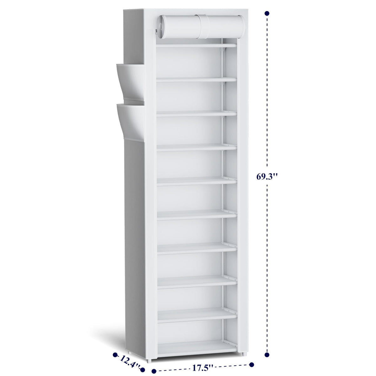 Kitsure shoe rack with dust cover and side pockets protects shoes and keeps small items.