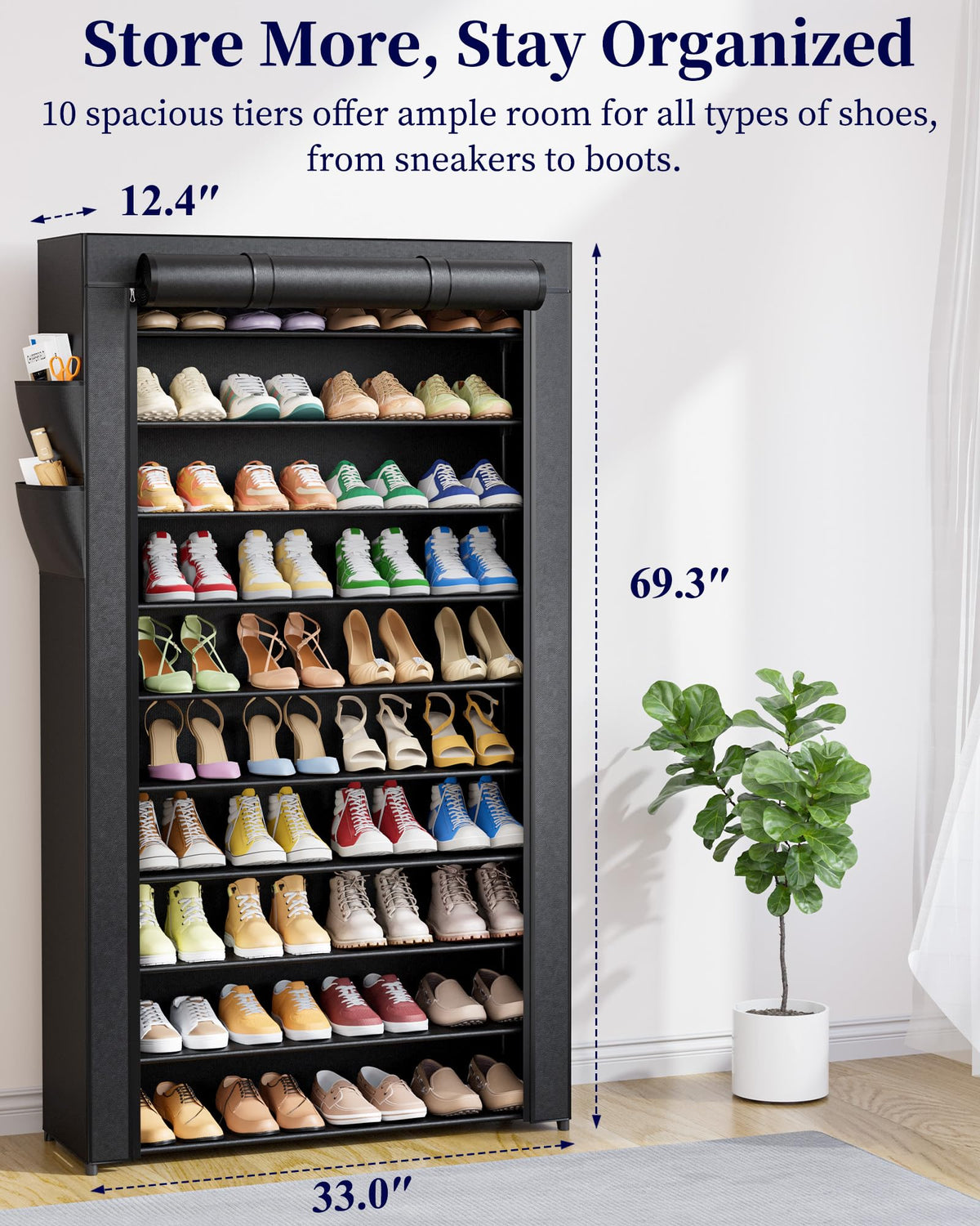 Kitsure dust cover on shoe rack protects shoes from dust and dirt.