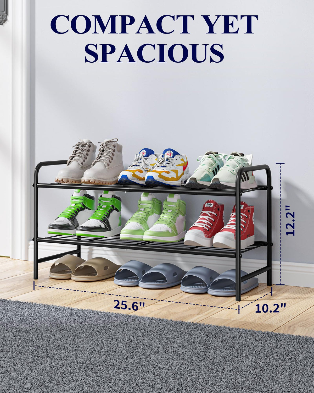 Kitsure shoe rack at front door entrance demonstrates sturdy, space-saving storage