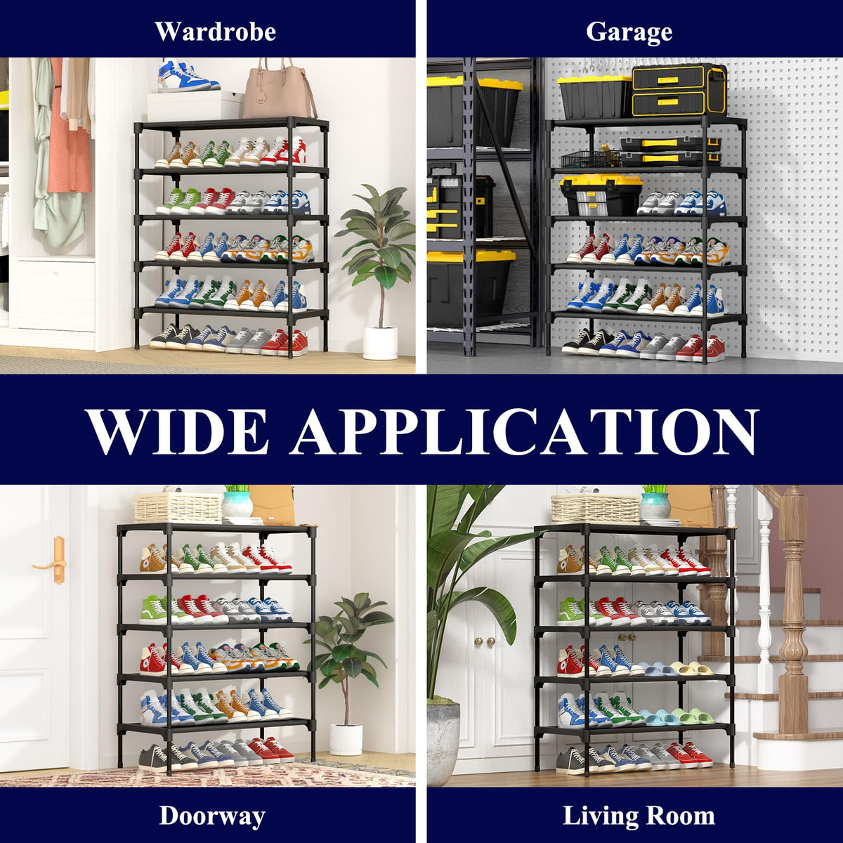 Kitsure shoe rack in garage or closet keeps clutter under control and footwear organized
