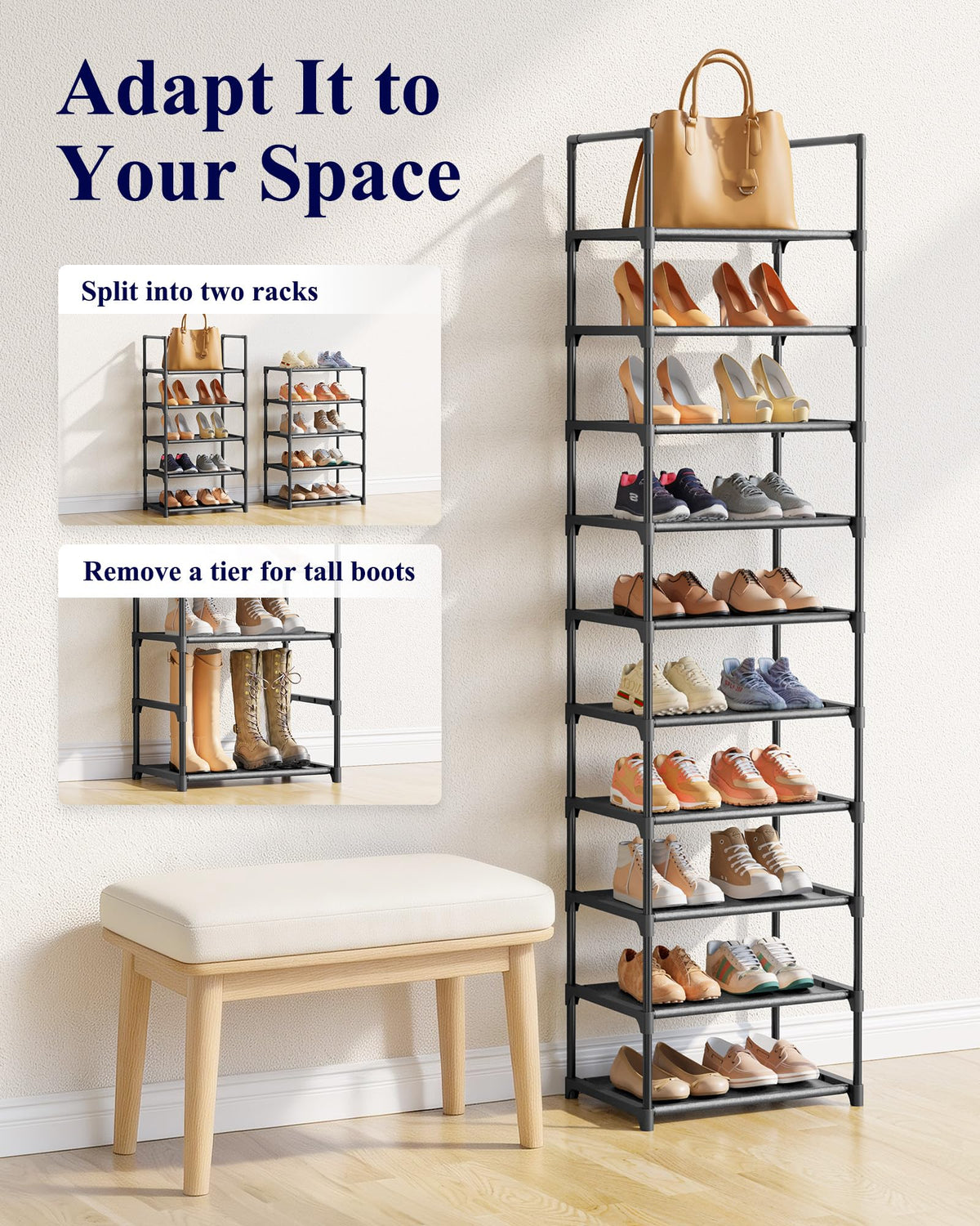 Kitsure tall vertical storage for organized shoes in a narrow space