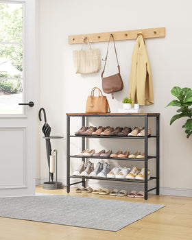 Kitsure shoe rack top shelf with decor and bags storage.