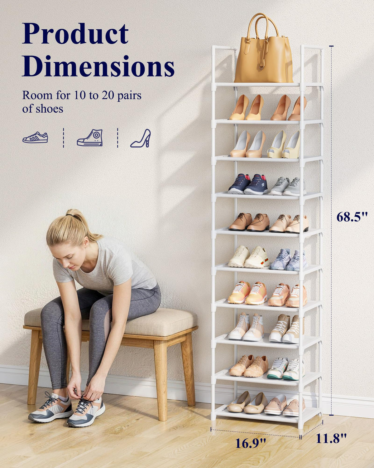 Kitsure white tall rack keeps footwear organized in tight living spaces.