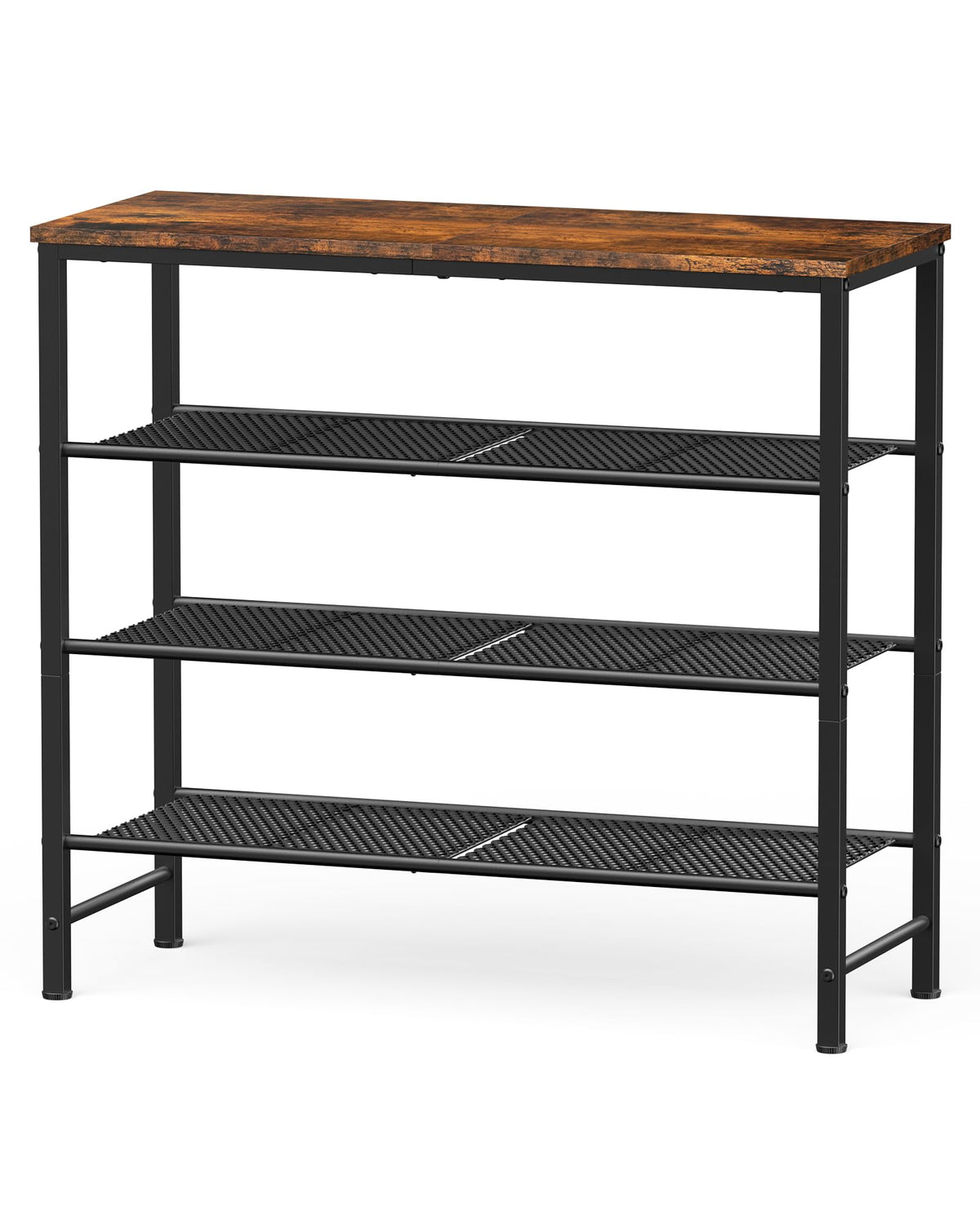 Kitsure shoe rack with wooden top keeps entryway footwear neatly organized.
