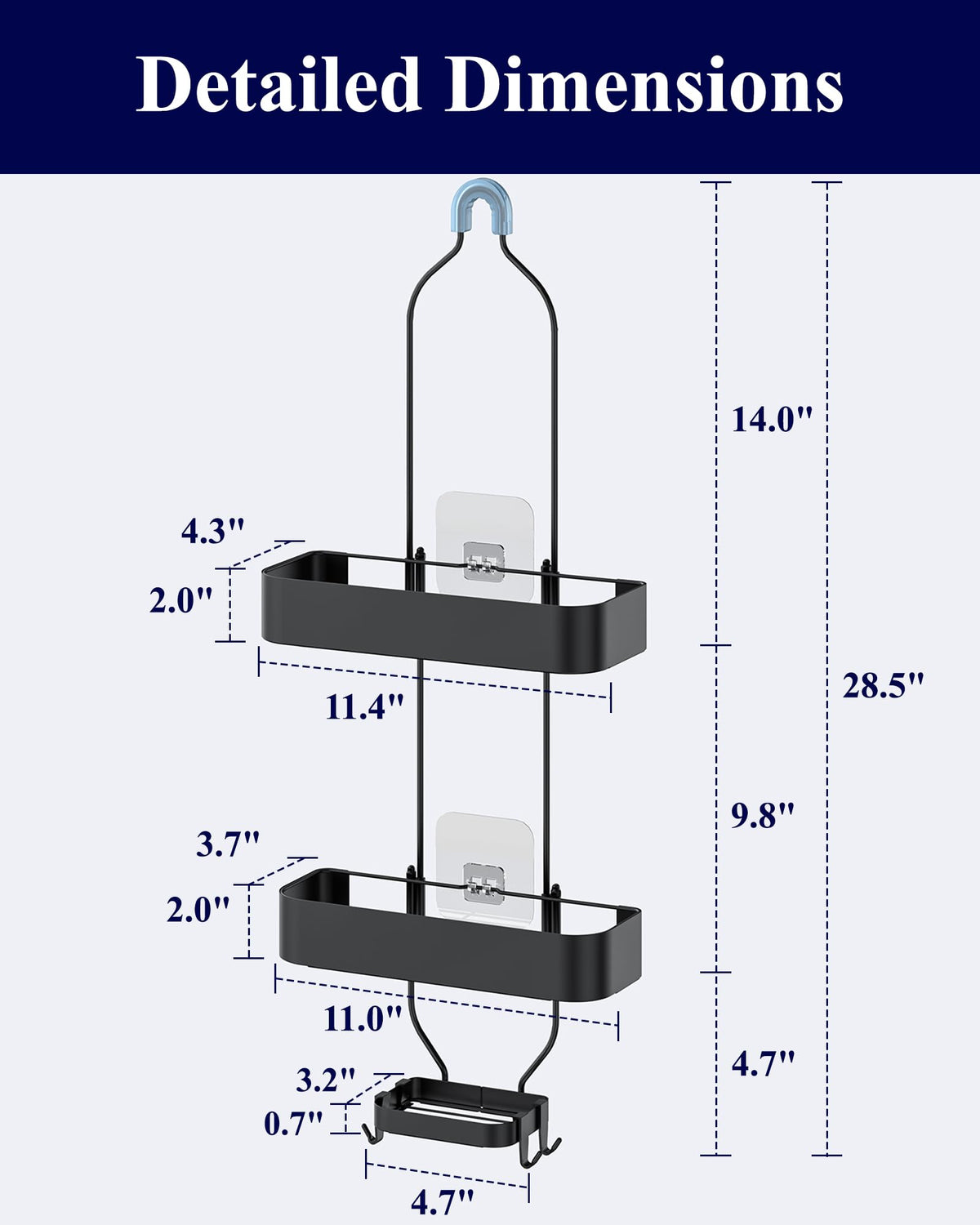 Bottom rack keeps soaps and sponges within reach.