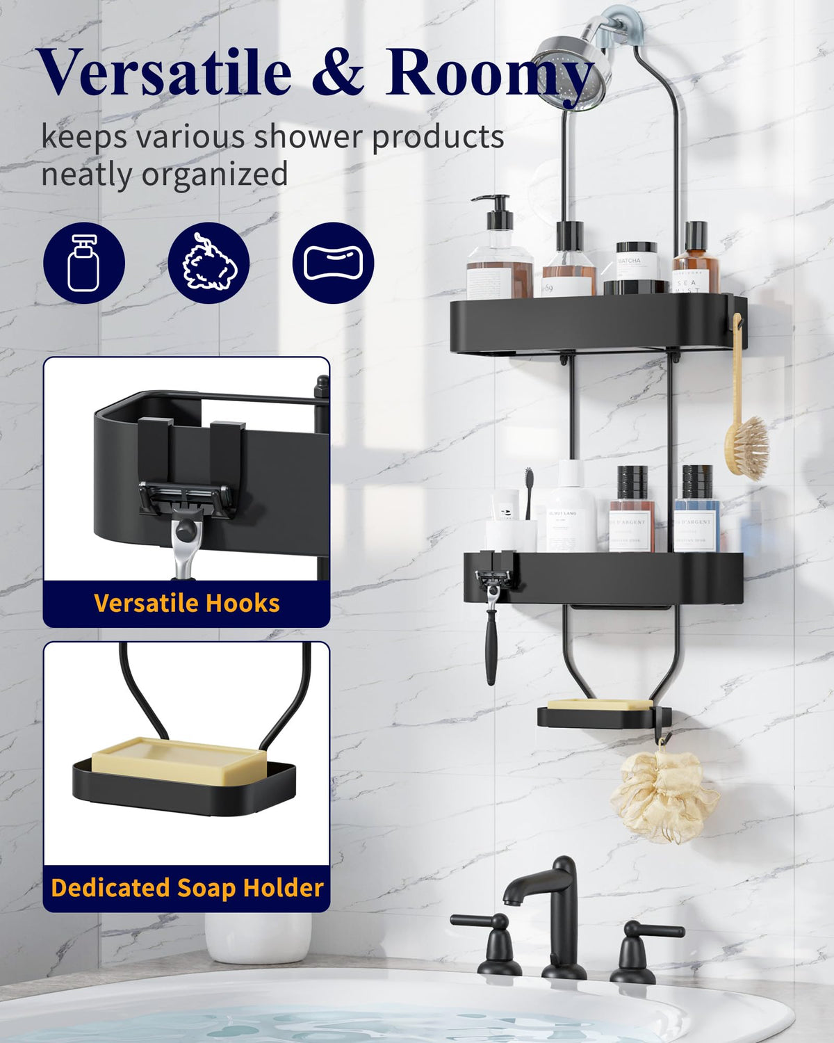 Kitsure two-tier shower shelf keeps bottles accessible and tidy.