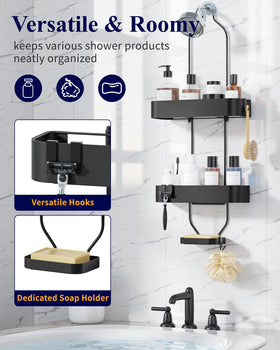 Kitsure two-tier shower shelf keeps bottles accessible and tidy.