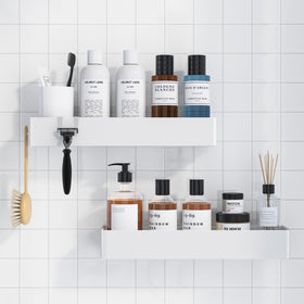 Kitsure shower caddy two-pack mounted on wall, neatly organizing body wash and shampoo.