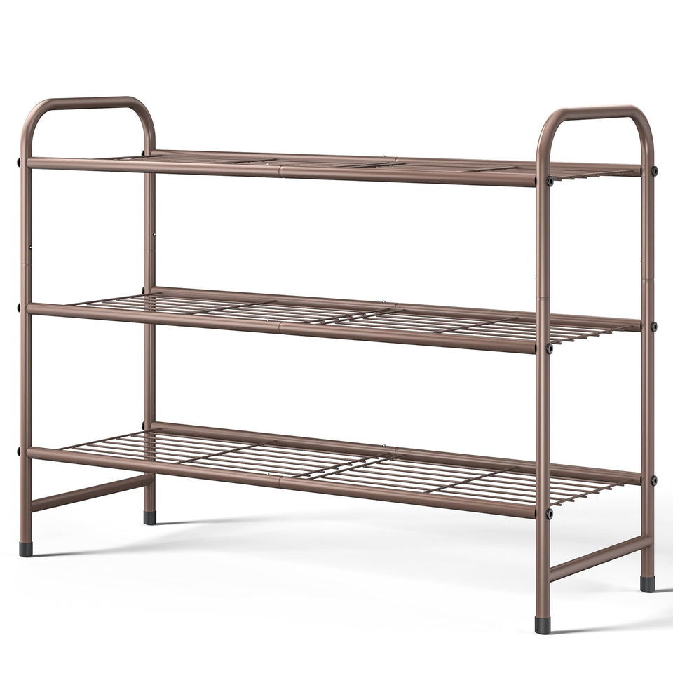 Kitsure shoe rack front view with three brown shelves for space saving