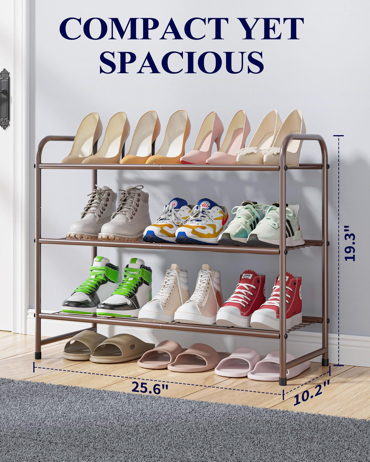 Kitsure shoe rack side view highlights sturdy 3-tier design for daily use