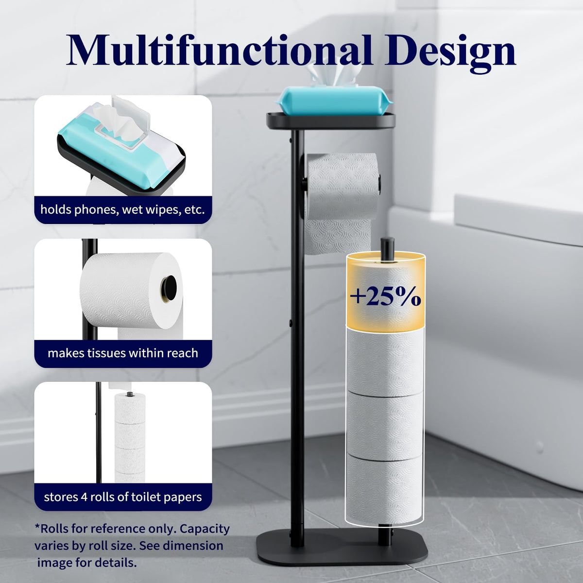 Kitsure rustproof metal stand holds four rolls for long-lasting backups in busy bathrooms.
