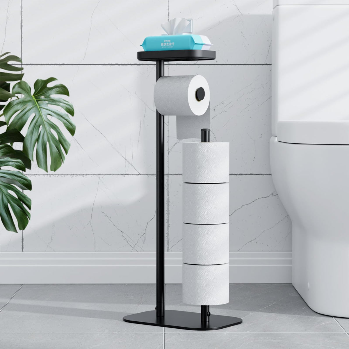 Kitsure free-standing toilet paper holder with a stable base for steady placement.