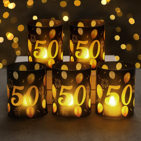 Kittmip 50th birthday lantern centerpiece adds elegant black and gold flair.