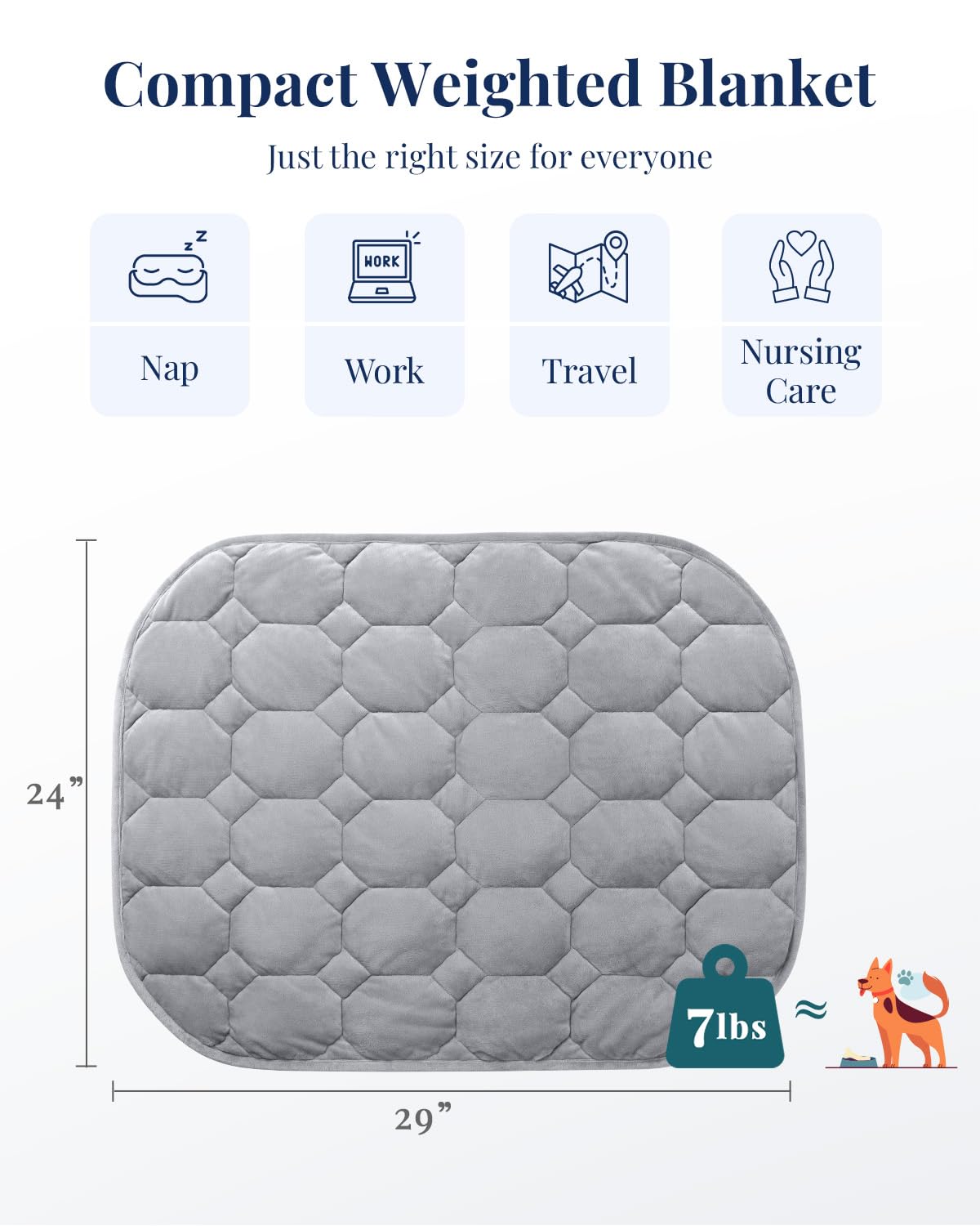 Kivik weighted lap blanket in portable bag, easy to carry for on-the-go relief.