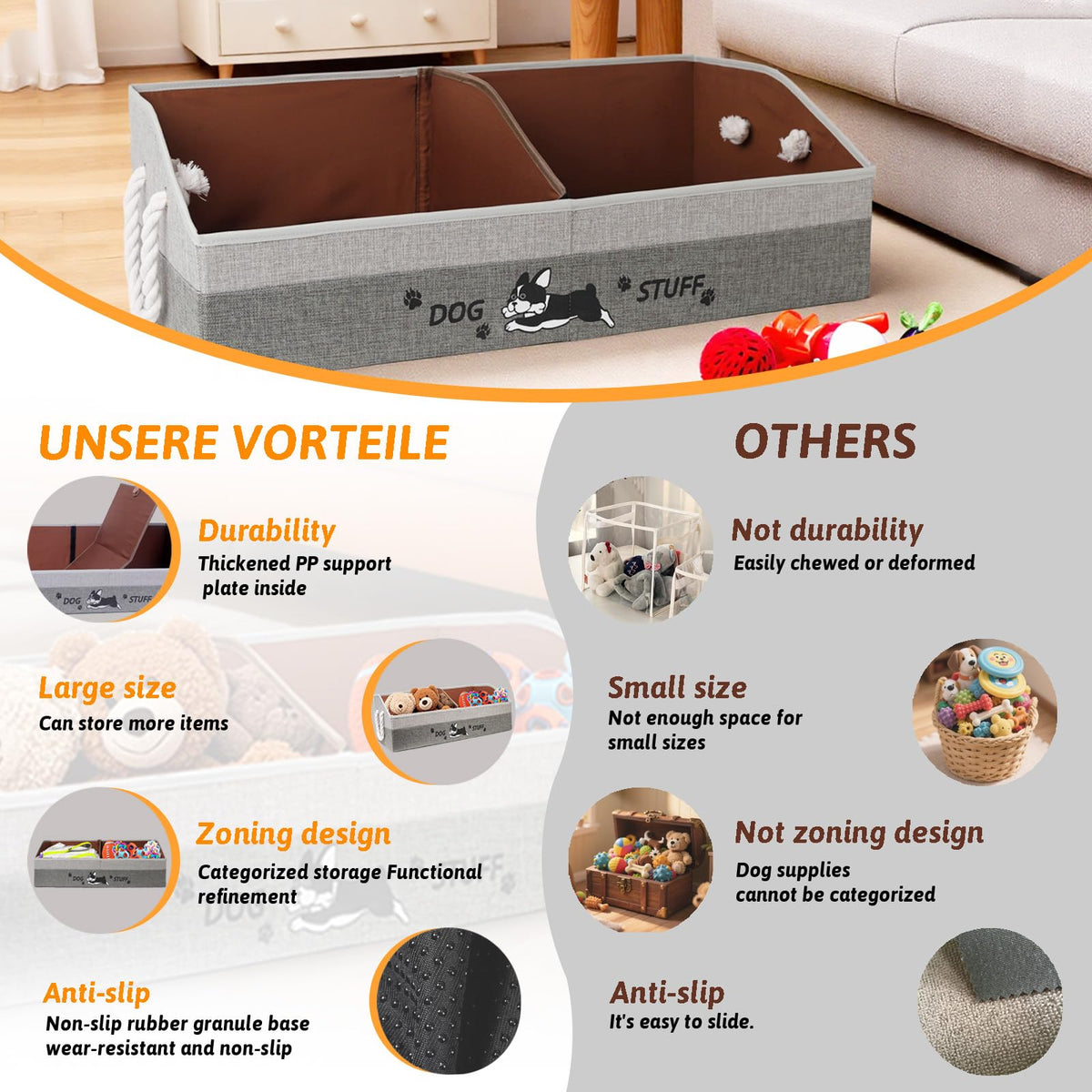Kiviron dog toy storage with removable dividers for customization.