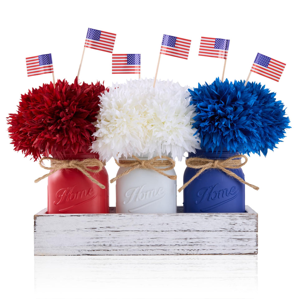 KIVIVO Fourth of July mason jar centerpiece with red, white and blue accents.