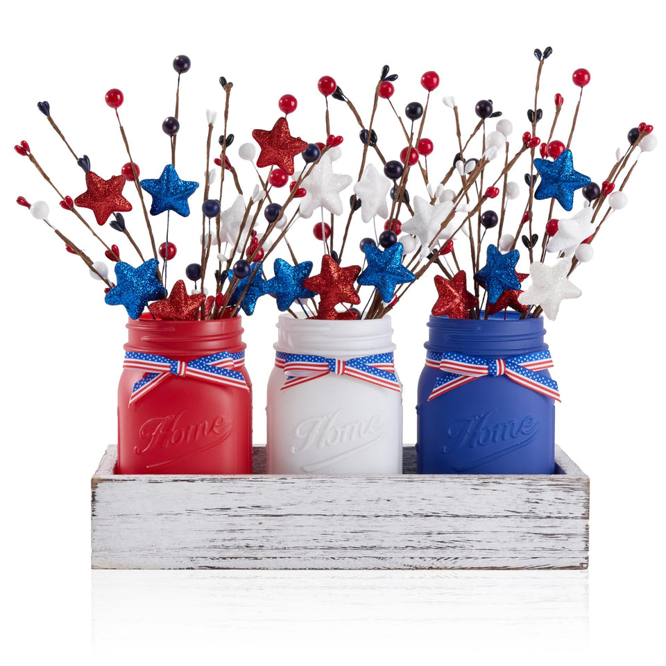 KIVIVO patriotic mason jar centerpiece for festive Independence Day tables.