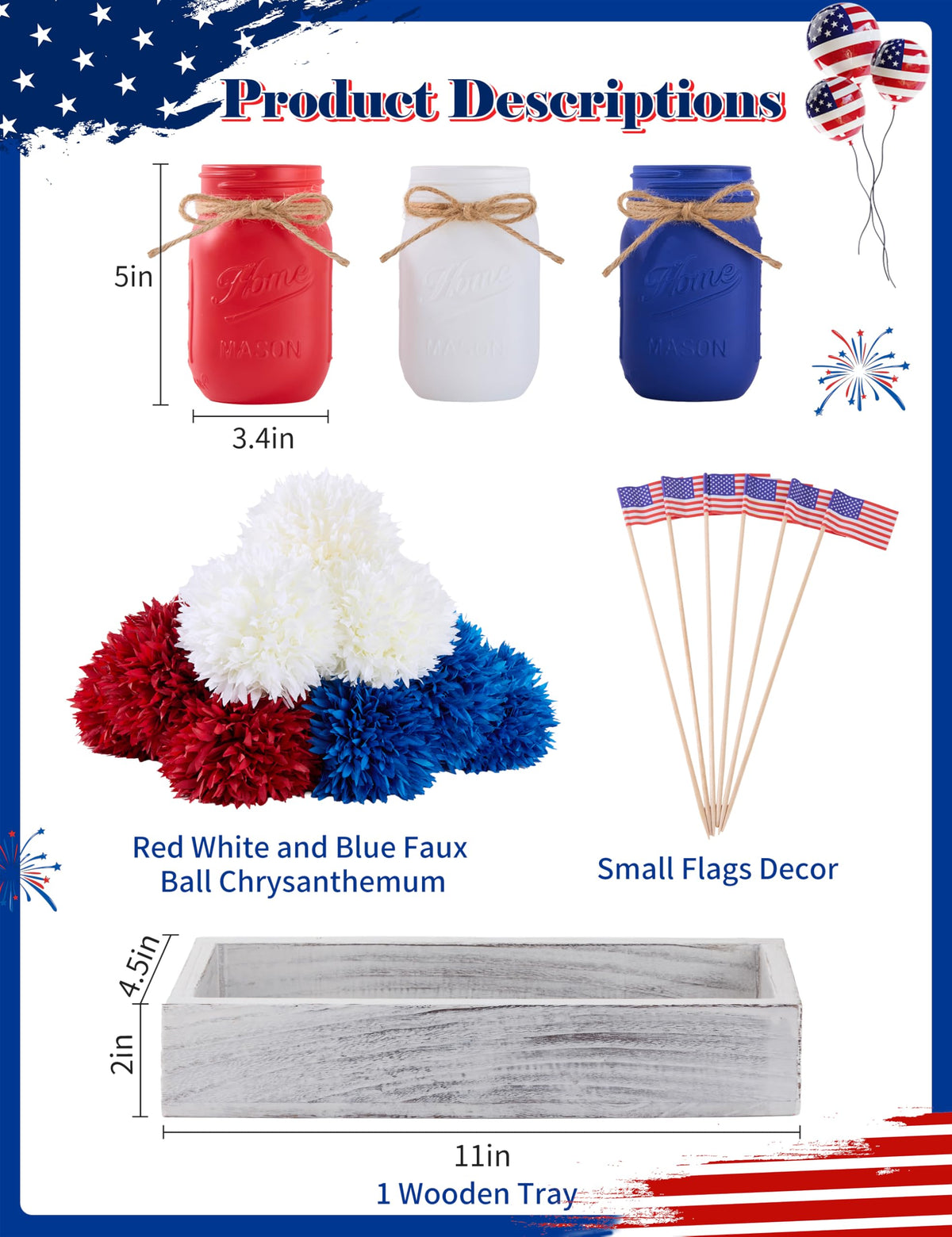 KIVIVO red white blue faux ball chrysanthemum for patriotic tablescape.