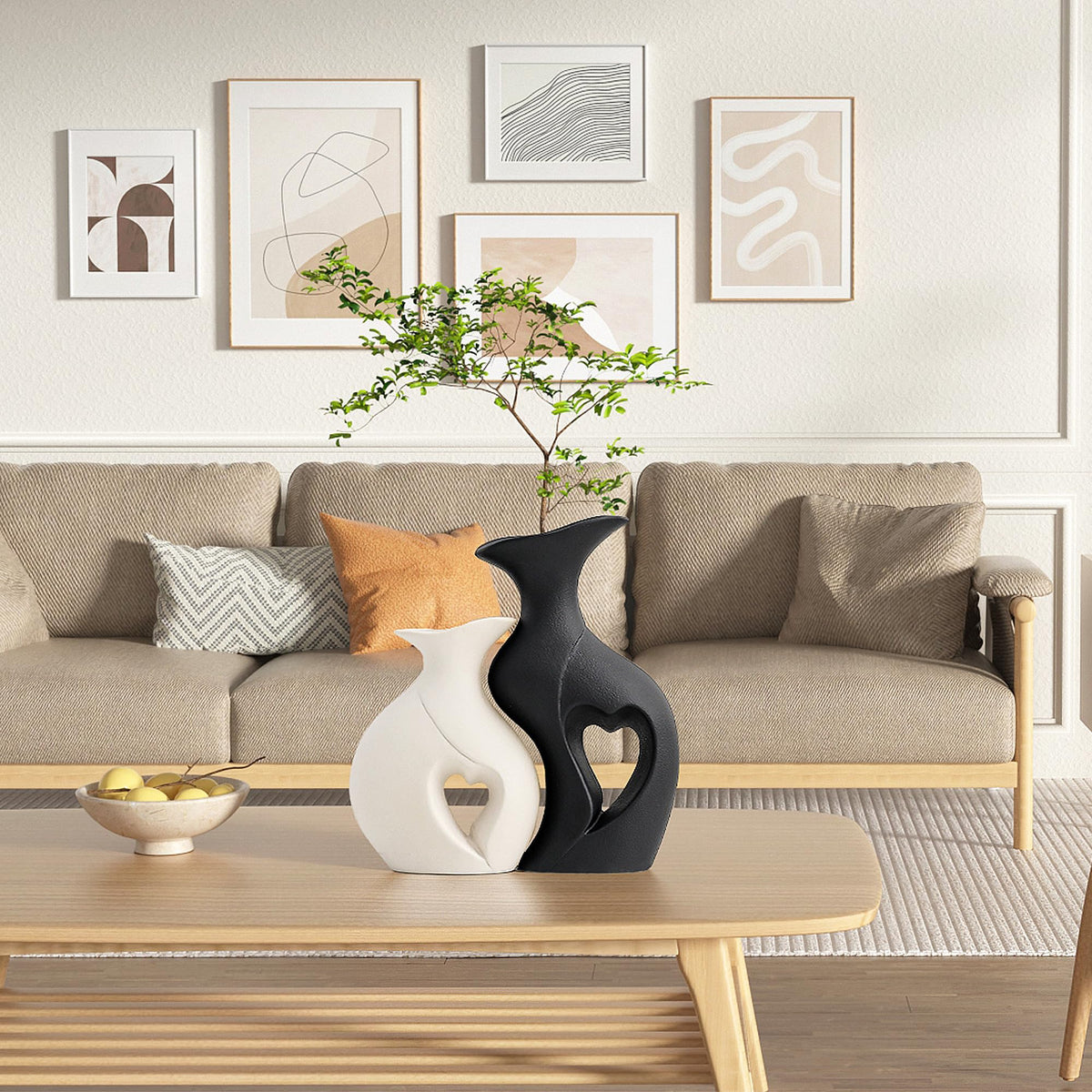 KKgoubz hollow heart vase highlighting minimalist Nordic style on a coffee table.