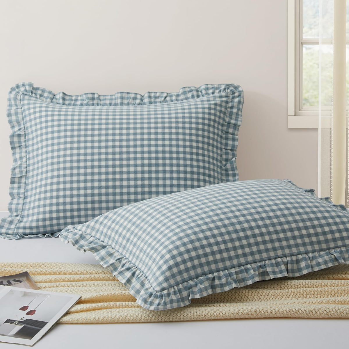 KKJIAF dusty blue plaid ruffle pillow case showing soft cotton texture for comfort