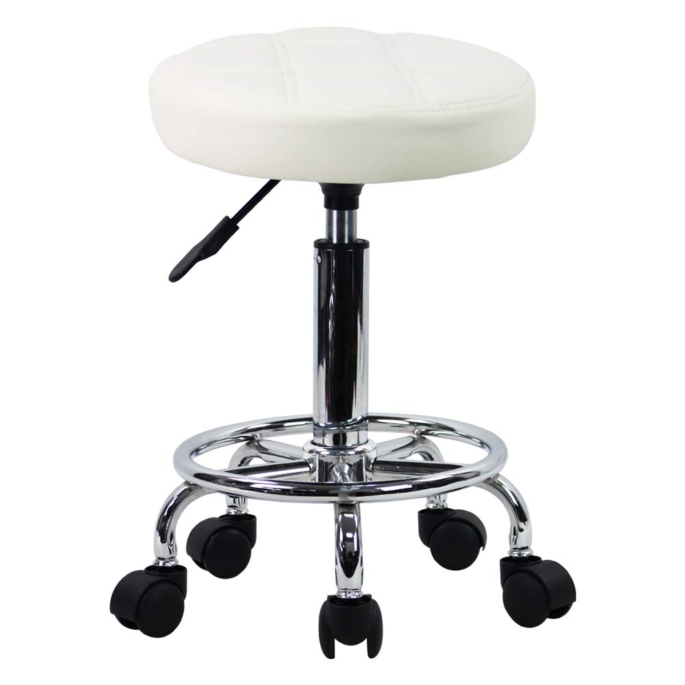 KKTONER Round Rolling Stool white front view with comfortable PU leather seat.